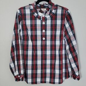 St Johns Bay WomenPlaid Ruffle Tunic Top Size L Red Green Cotton Preppy Classic